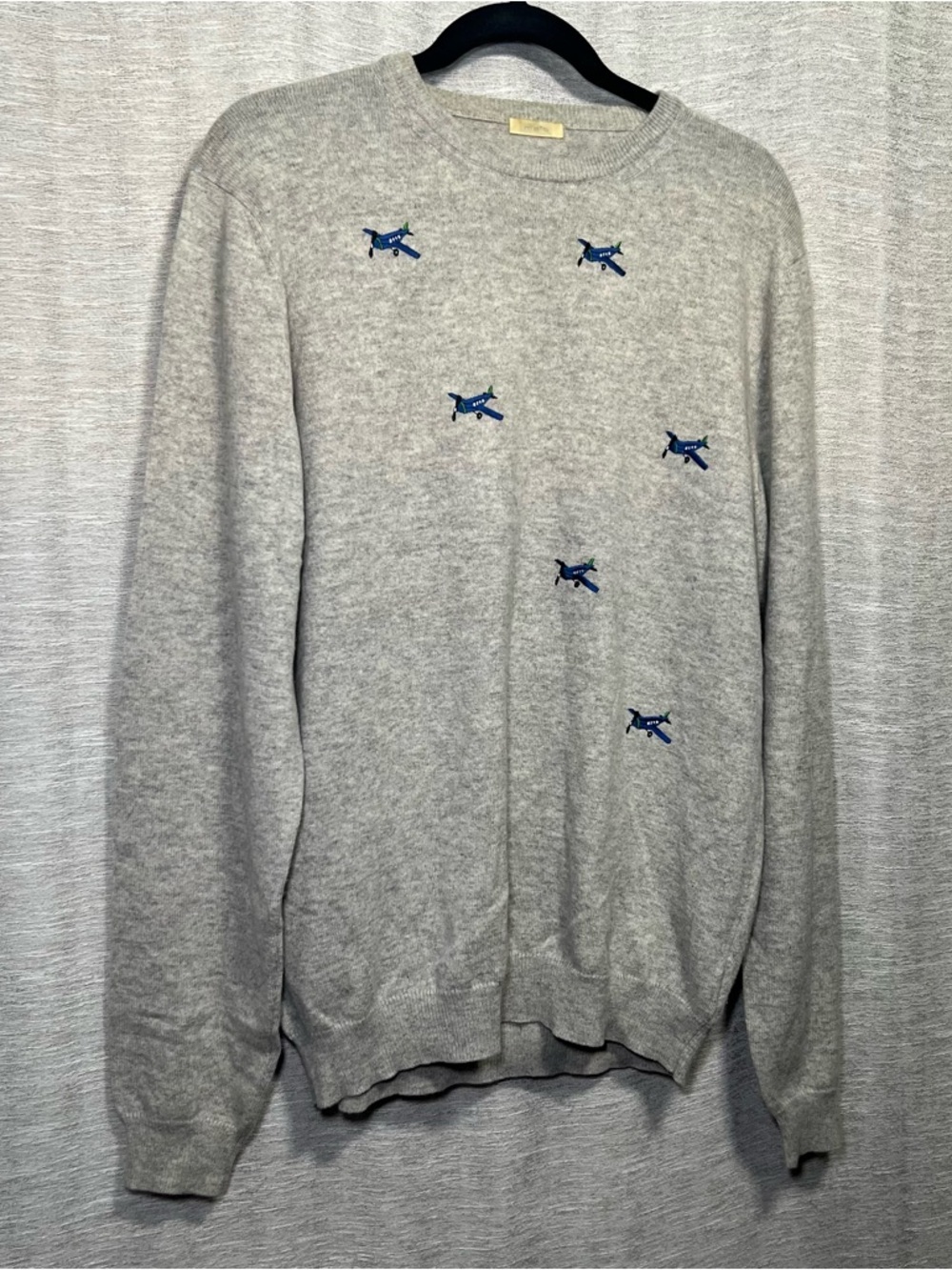 Malo 100% Cashmere Lux Sweater Gray Airplane Embroidered Crewneck Made in Italy - Picture 4 of 16